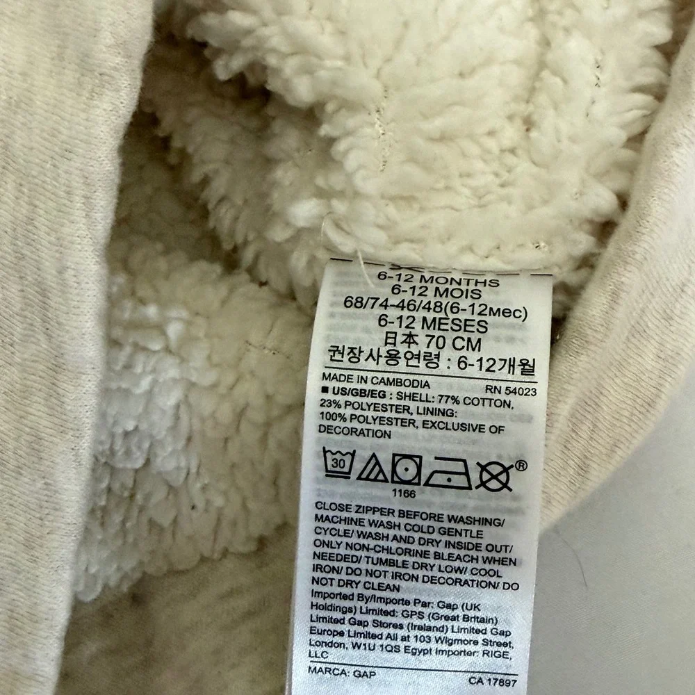Baby Gap Oatmeal Heather Sherpa Lined Bear Ear Zip Hoodie 6-12 Months Logo